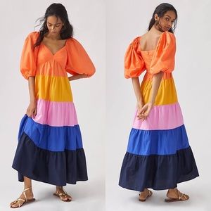 Farm Rio Tiered Puff Sleeve Colorblock Maxi Dress - XL